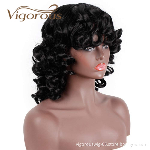 Vigorous Hot Selling Super Curl With Bangs Shoulder Length Heat Resistant Fiber Bob Cosplay For Black Women Synthetic Hair Wigs